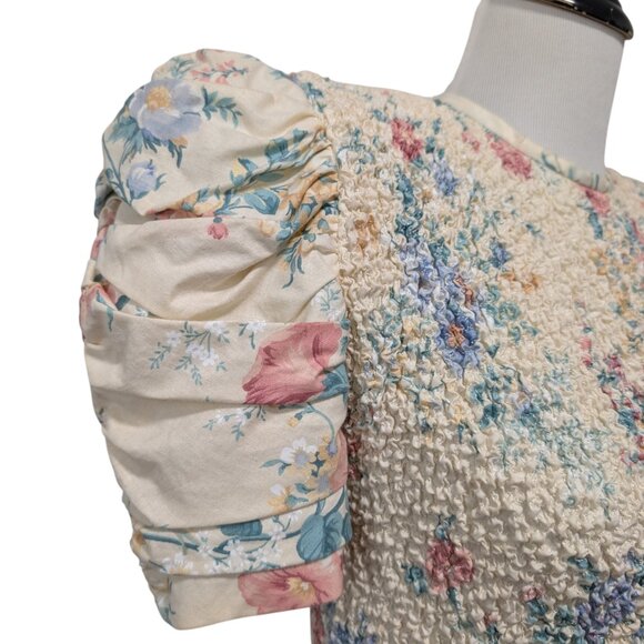 Vintage Phoebe Petites Womens Sz M? Floral Smocked Bow Puff Sleeve Cottage Dress - Picture 8 of 10